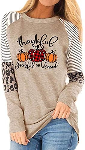 Thankful Grateful Blessed Print T Shirt Women Thanksgiving Pumpkin Long Sleeve Blouse Leopard Printed Striped Fall Tee