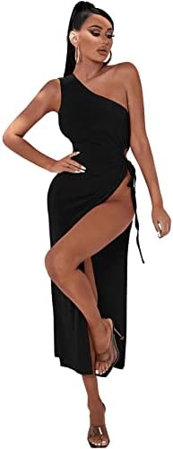 Verdusa Women's One Shoulder Drawstring Knot Side Split Thigh Sleeveless Long Dress