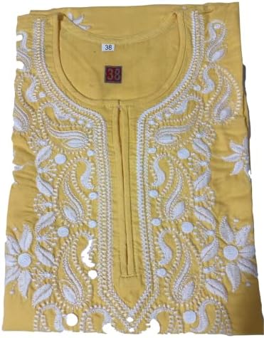 Women Cotton chikankari kurta kashmiri design handmade kurti Women cotton dress(medium). Yellow