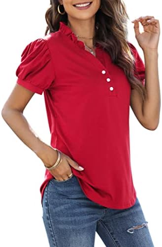 Womens V Neck Blouses Puff Sleeve Tops Casual Button Up Ruffle Dressy Tunic Shirts Blouses