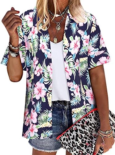 ZXZY Women Summer Hawaii Shirts Soft Cool Floral Tropic Print Short Sleeve Button Up Tops T-Shirt