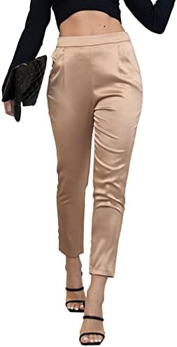 heipeiwa Women's Satin Pants Dress Casual Pleated Pull on High Waist Pants with Pockets