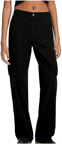 sodopo Womens Mid-Waist Cargo Pants Casual Hippie Punk Cotton Trousers Plus Size Full Length Wide Leg Pant with Multi-Pocket