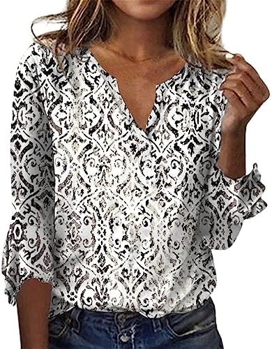 Fall Blouse,Women's Loose Casual Three-Quarter Sleeves V-Neck Lace Floral Print T-Shirt Top