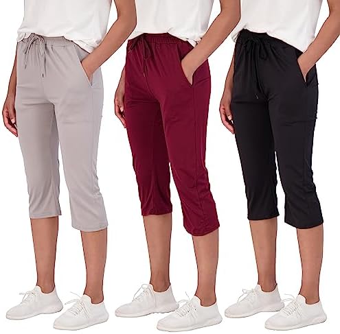 Real Essentials 3-Pack: Women's Capri Open Bottom Soft Sweatpants with Drawstring (Available in Plus Size)