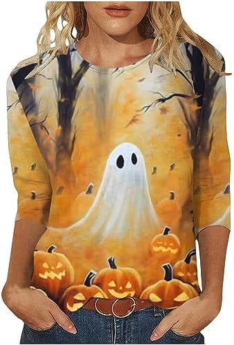 2023 Halloween Shirts for Women Casual Pumpkin Graphic Tees Trendy 3/4 Sleeve Tops Workout Fall Crewneck Tunic Blouse