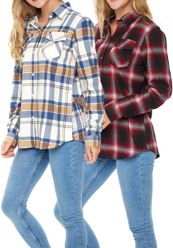 Andrew Scott Women's Classic-Fit Long-Sleeve Lightweight Plaid Flannel Shirt -Multi Packs/Colors