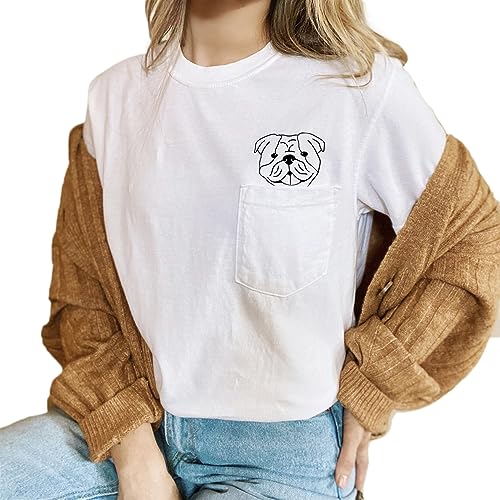 Bulldog Mama Pocket Garment Dyed Shirt English Bulldog Dog Mom Funny Graphic Tees Womens Dog Print Casual Short Sleeve T-Shirt Tees Tops