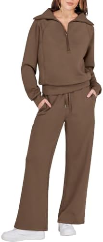 Caracilia Women Two Piece Outfits Sweatsuit Set Quarter Zip Oversized Sweatshirt Wide Leg Sweatpant Fall Lounge Set Tracksuit