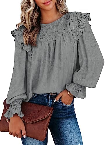 Dokotoo Casual Womens Tops Bubble Long Sleeve Crewneck Smocked Ruffle Shirts Blouses