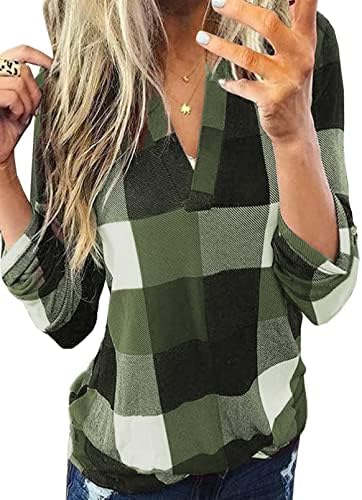 Dokotoo Womens Basic Casual V Neck Plaid Print Cotton Cuffed Long Sleeve Work Tops Blouses Shirts S-5XL