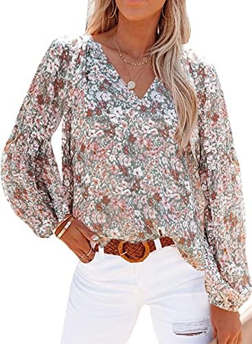 Dokotoo Women's Casual Boho Floral Print V Neck Long Sleeve T Shirt Blouses