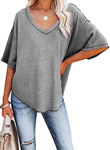 Dokotoo Women's Causual V Neck Short Sleeve Shirts Waffle Knit Loose Tunic Tops Blouses