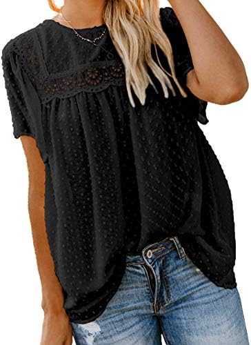 Dokotoo Womens Crewneck Lace Crochet Pom Pom Flowy Short Sleeve Casual Shirts Blouses Tops