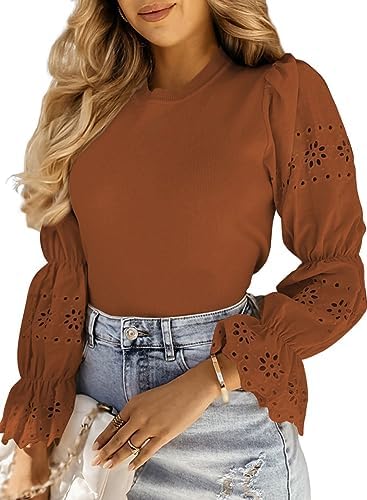 Dokotoo Womens Long Sleeve Embroidered Splice Hollow Out Knit Tops Crewneck Casual Blouses Shirts