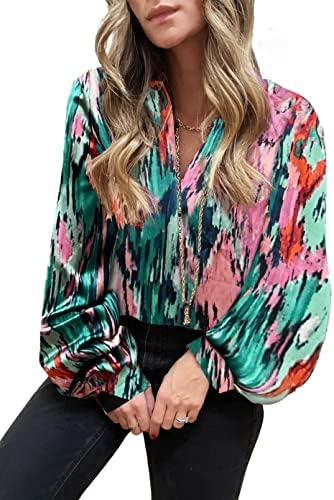 Dokotoo Womens Tops Boho V Neck Abstract Print Lantern Long Sleeve Casual Loose Blouses Shirts