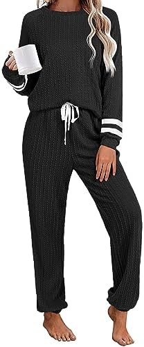 Ekouaer Lounge Sets for Women Ribbed Knit Outfits Pajamas Sets 2 Piece Long Sleeve Sweatsuits with Pockets