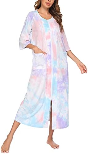 Ekouaer Women's Zipper Robe 3/4 Sleeve Housecoats Full Length House Dress Loungewear Long Nightgown with Pockets