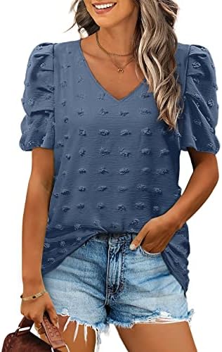 FAPPAREL Short Sleeve Tshirts for Women Chiffon V Neck Blouses Cute Puff Sleeve Tops