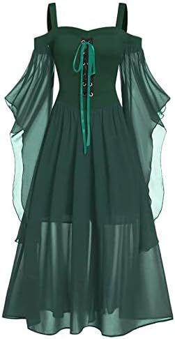 FZYLQY Halloween Dress for Women Plus Size Cold Shoulder Butterfly Sleeve Retro Garment Lace-up Solid Gothic Halloween Dress