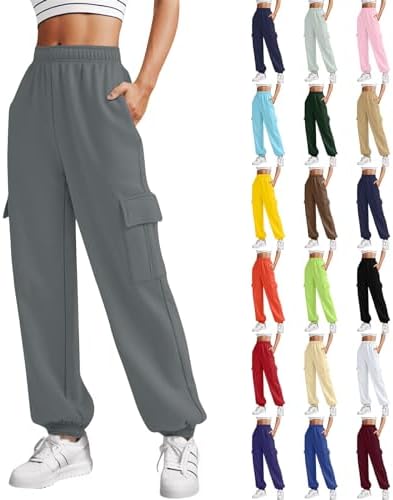 Fleece Cargo Sweatpants Women Fall Elastic High Waist Joggers Straight Leg Cinch Bottom Pants Jogger Pants with Pocket