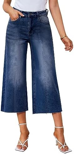 GRAPENT 2023 Jean Capris for Women Wide Leg Jeans High Waisted Seamed Front Raw Hem Denim Capri Pants Stretchy