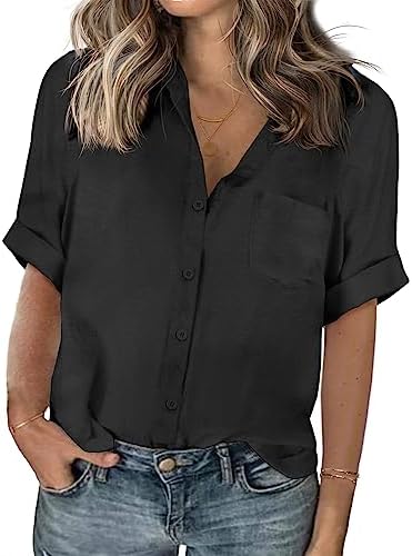 IN'VOLAND Womens Plus Size Shirts Short Sleeve Button Down Shirts V Neck Casual Blouses Tops