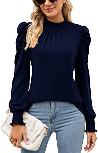 LUYAA Womens Tops Dressy Casual Frill Mock Neck Smocked Cuffs T Shirts Long Puff Sleeve Blouses for Daily Work Office