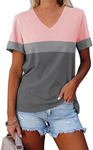 Minetom Women's Color Block/Solid Tops Short Sleeve V Neck T Shirts Summer Casual Tees