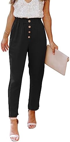 NIMIN Womens Casual Loose Pants Comfy Cropped Work Pants with Pockets Elastic High Waist Paper Bag Pants