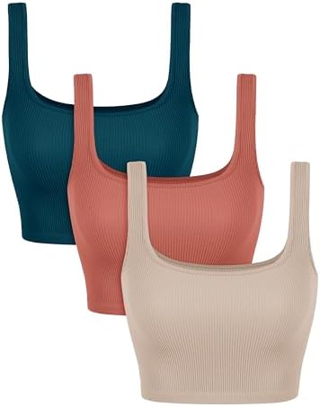 ODODOS 3-Pack Seamless Square Neck Crop Tank for Women Ribbed Knit Soft Low Back Cropped Tops