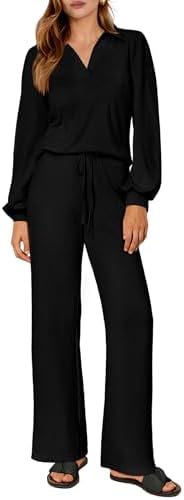 PRETTYGARDEN Womens 2023 Fall Clothes Two Piece Outfit Set Long Sleeve Lapel V Neck Tops Blouses Wide Leg Pants Tracksuit