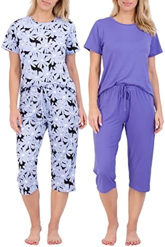 Real Essentials 2 Pack: Womens Short-Sleeve PJ Top with Capri Pants - Pajama Lounge & Sleepwear Set (Available In Plus)