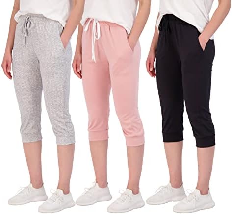 Real Essentials 3-Pack: Women's Capri Joggers Cuffed Athletic Casual Soft Sweatpants with Pockets (Available in Plus Size)