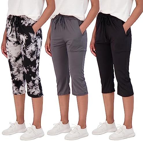 Real Essentials 3-Pack: Women's Capri Open Bottom Soft Sweatpants with Drawstring (Available in Plus Size)