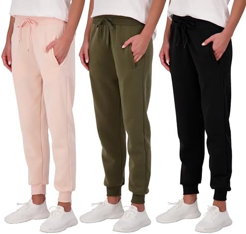 Real Essentials 3 Pack: Women's Relaxed Fit Ultra-Soft Ultra-Warm Fleece Jogger Sweatpants (Available in Plus Size)