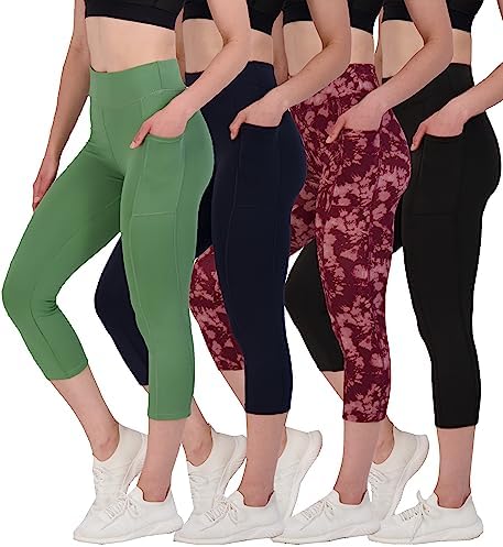 Real Essentials 4 Pack: Women's Capri Leggings with Pockets Casual Yoga Workout Exercise Pants (Available in Plus Size)