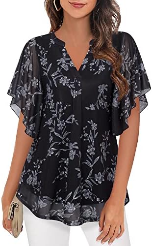 Timeson Women's Short Sleeve V Neck Blouses Shirts Floral Double Layers Mesh Tunics Tops