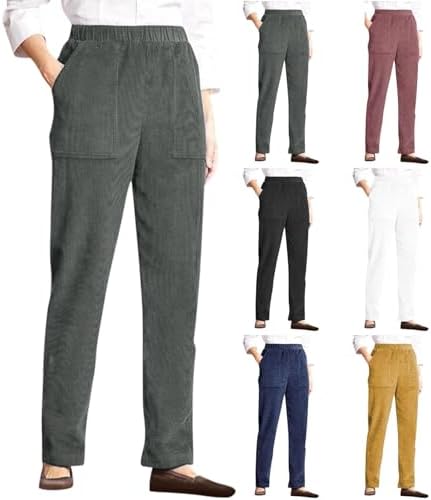 Vintage Corduroy Pants for Women Elastic High Waist Straight Wide Leg Pants Fall Winter Lounge Work Trousers w/Pocket