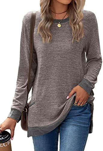 WELINCO Womens Crewneck Pullovers Color Block Long Sleeve Side Split Pockets Tunic Tops