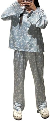 Women Y2K 2 Piece Floral Lounge Set Long Sleeve Button Down Shirt Wide Leg Palazzo Pants Outfits Matching Sets Pajamas