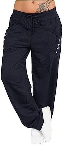 Women's Cargo Pants High Waist Casual Wide Leg Trousers with Pockets Button Stretch Gym Sweatpants with Drawstring
