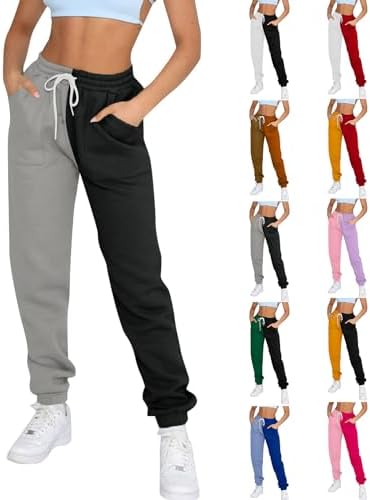 Womens Fleece Jogger Sweat Pants Color Block Lounge Pants with Pockets Baggy Drawstring Cinch Bottom Trouser Pants