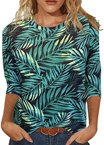 Womens Tops 3/4 Sleeve Shirts Round Neck Loose Casual Blouses Floral Print Tshirts