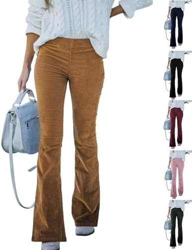 chaktkglok Corduroy Pants for Women Ladies Bell Bottom Flare Pants Dressy Casual Solid Color Bootcut Fall Pants 2023